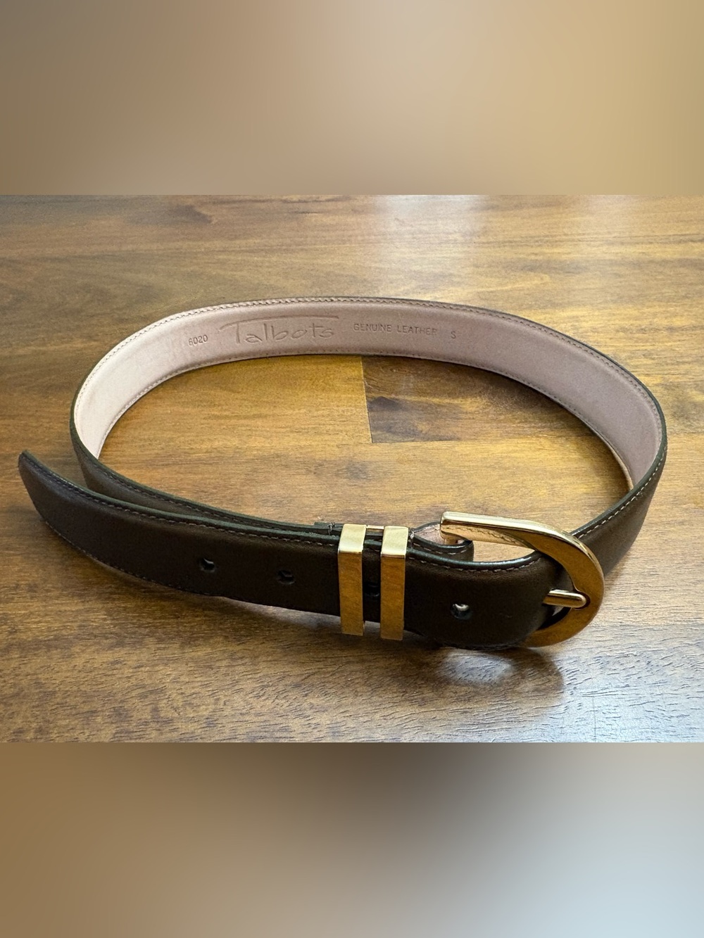 Talbots Women’s Dress Belt Brown Solid w/ Gold-toned Brass Horseshoe Buckle Sz S